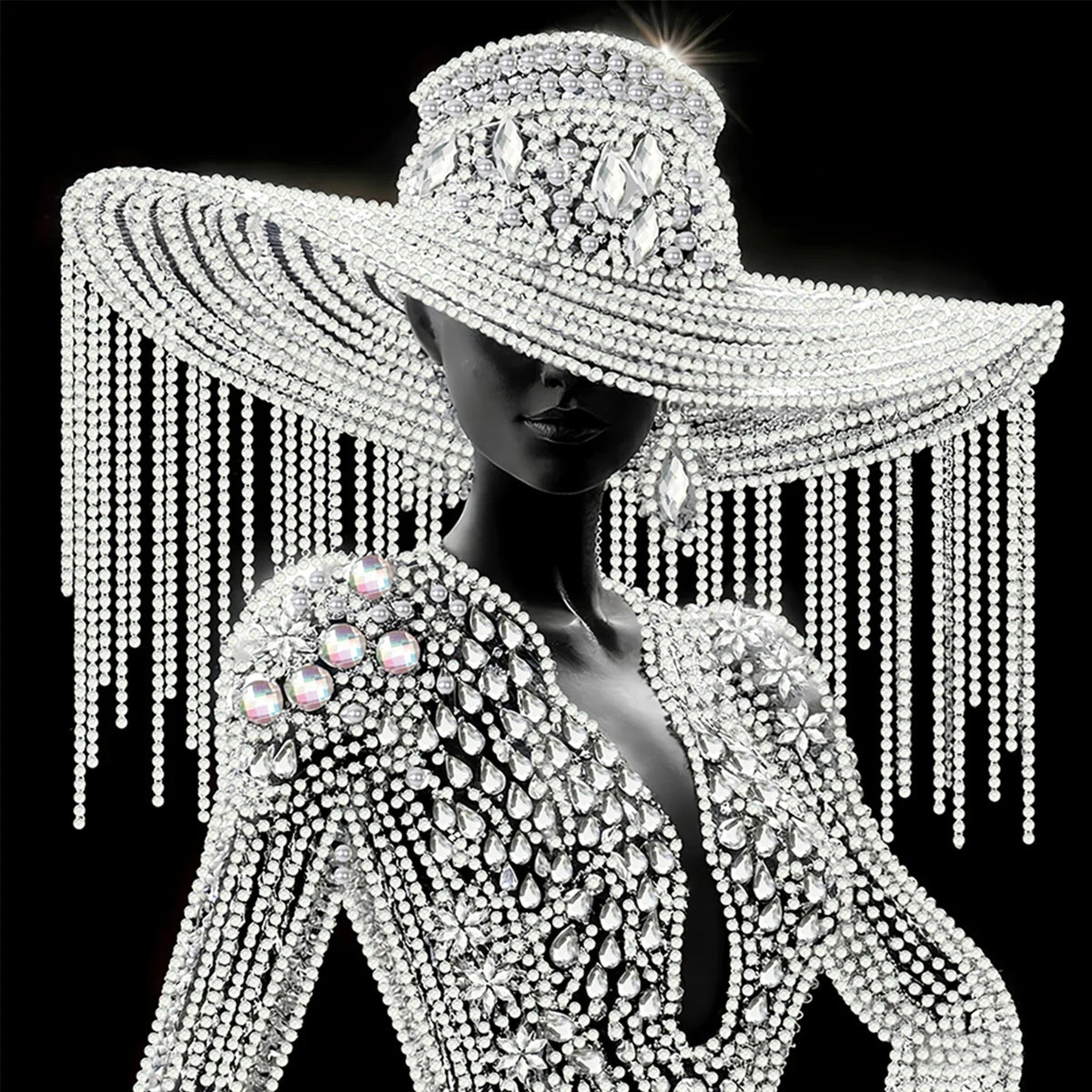 5D DIY Diamond Painting Kits featuring a glamorous woman in a sparkling rhinestone hat and outfit