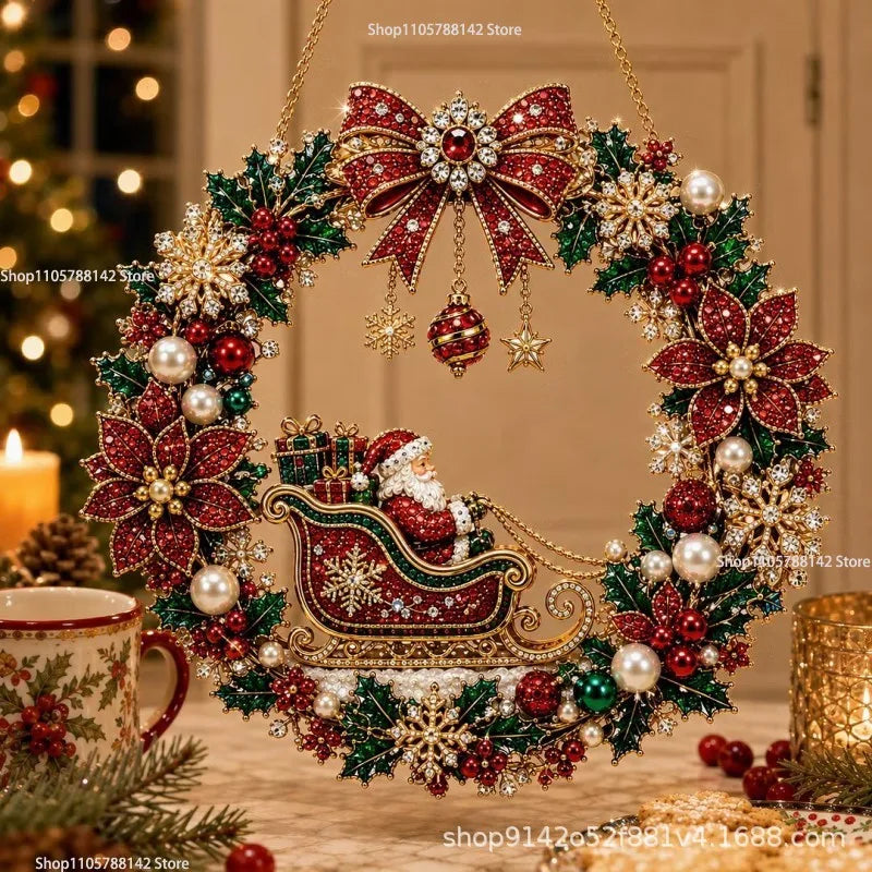 Christmas Pearl Diamond Painting Kit,DIY Acrylic Diamond Art with String Lights Wreath for Beginner Set Holiday Craft Gift