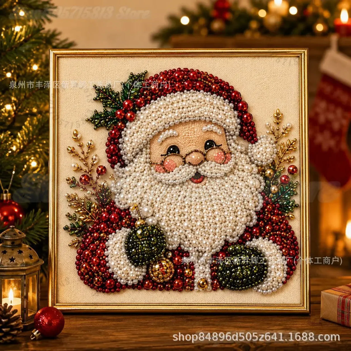 Christmas Pearl Diamond Painting Art Kit with Frame,DIY Pearl Beads Art Craft Kit,Gemstone Diamond Dots Beads for Home Decor