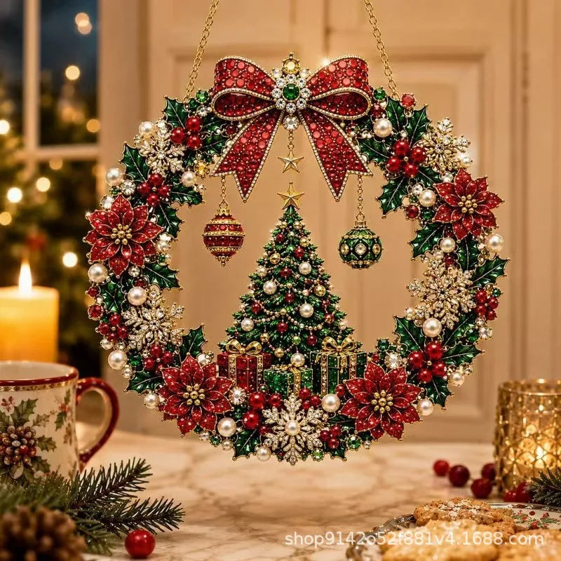 Christmas Pearl Diamond Painting Kit,DIY Acrylic Diamond Art with String Lights Wreath for Beginner Set Holiday Craft Gift