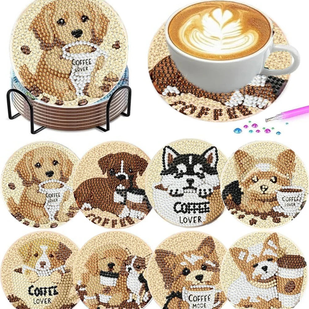 8 Pieces/Set of Diamond Painting Coasters, Featuring a Small Dog Pattern, with a Base, DIY Art Handmade Craft Kit