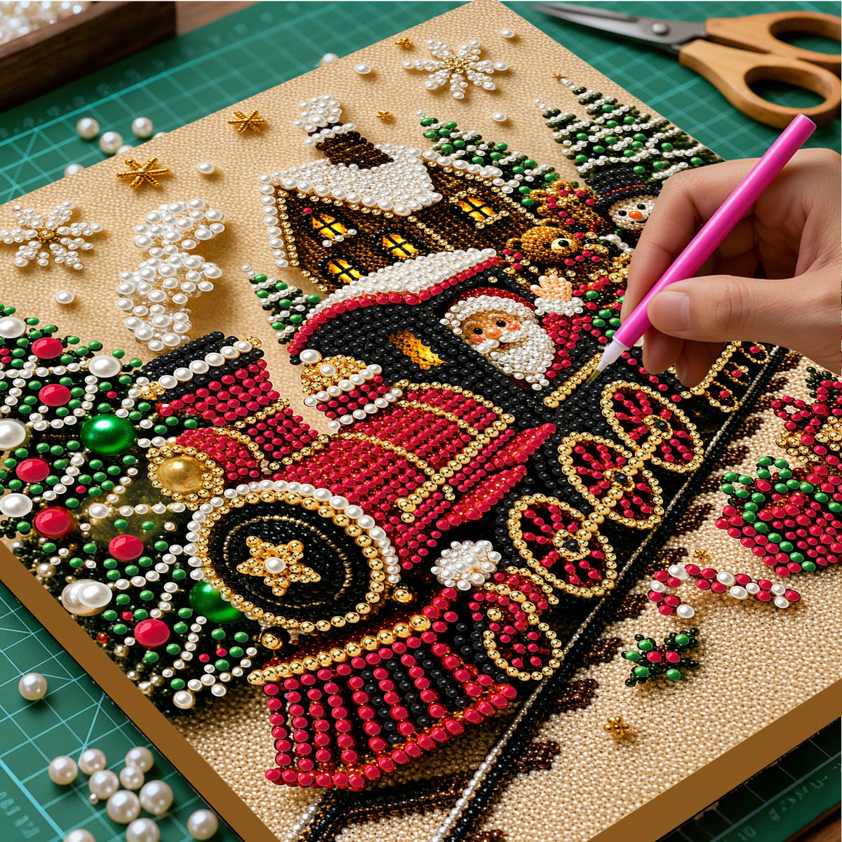 Christmas Pearl Diamond Painting Art Kit With Frame DIY Gemstone Diamond Dots Beads Craft Set Home Wall Art Decor Handmade Gift