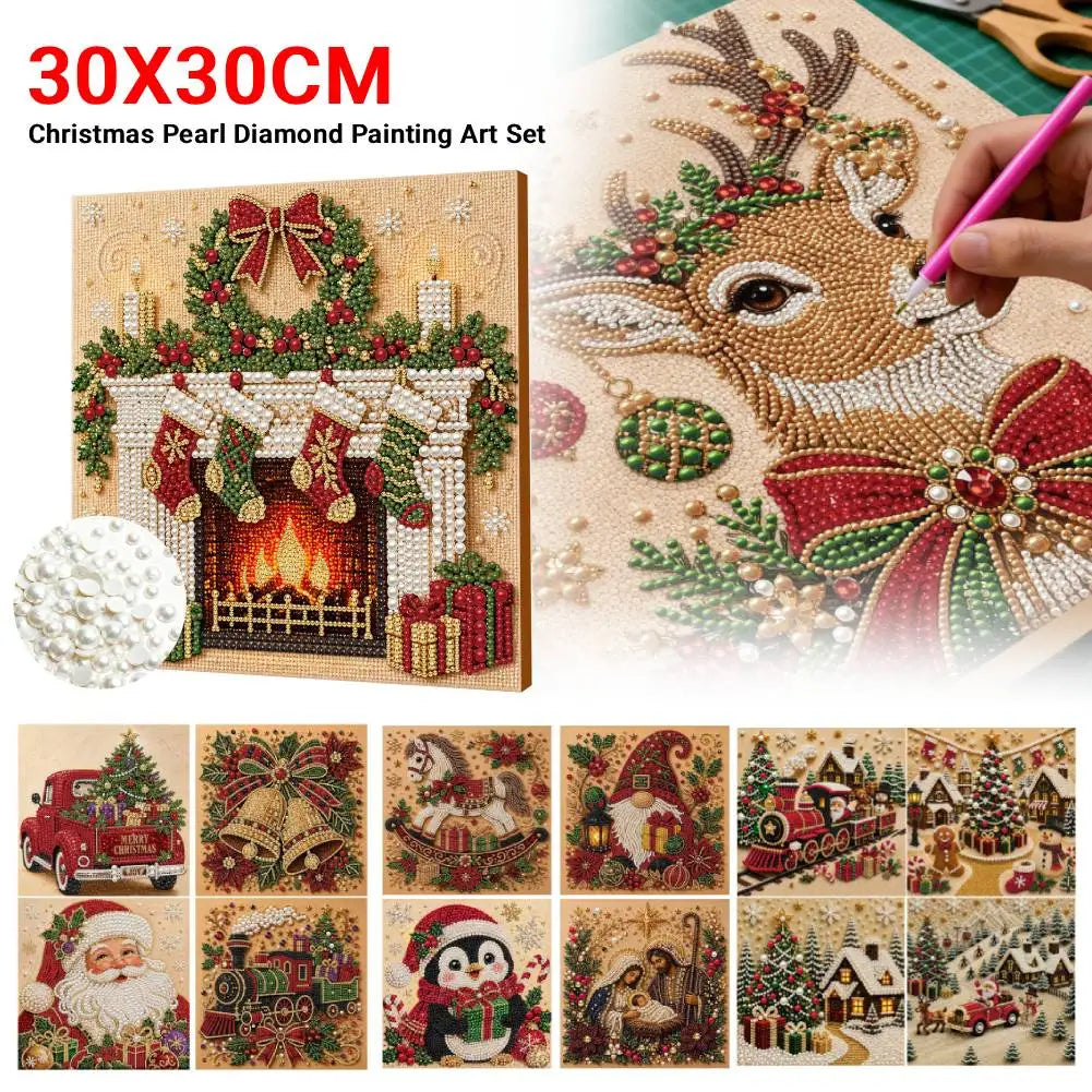 Christmas Pearl Diamond Painting Art Kit With Frame DIY Gemstone Diamond Dots Beads Craft Set Home Wall Art Decor Handmade Gift