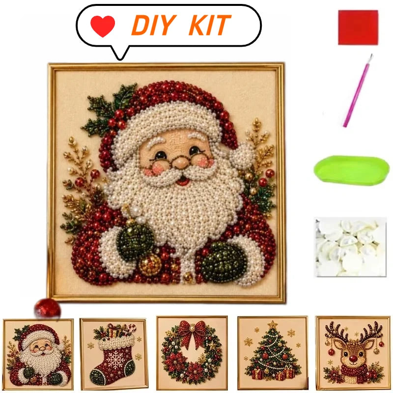 Christmas Pearl Diamond Painting Art Kit With Frame DIY Pearl Beads Art Craft Kit Gemstone Diamond Dots Beads For Home Decor