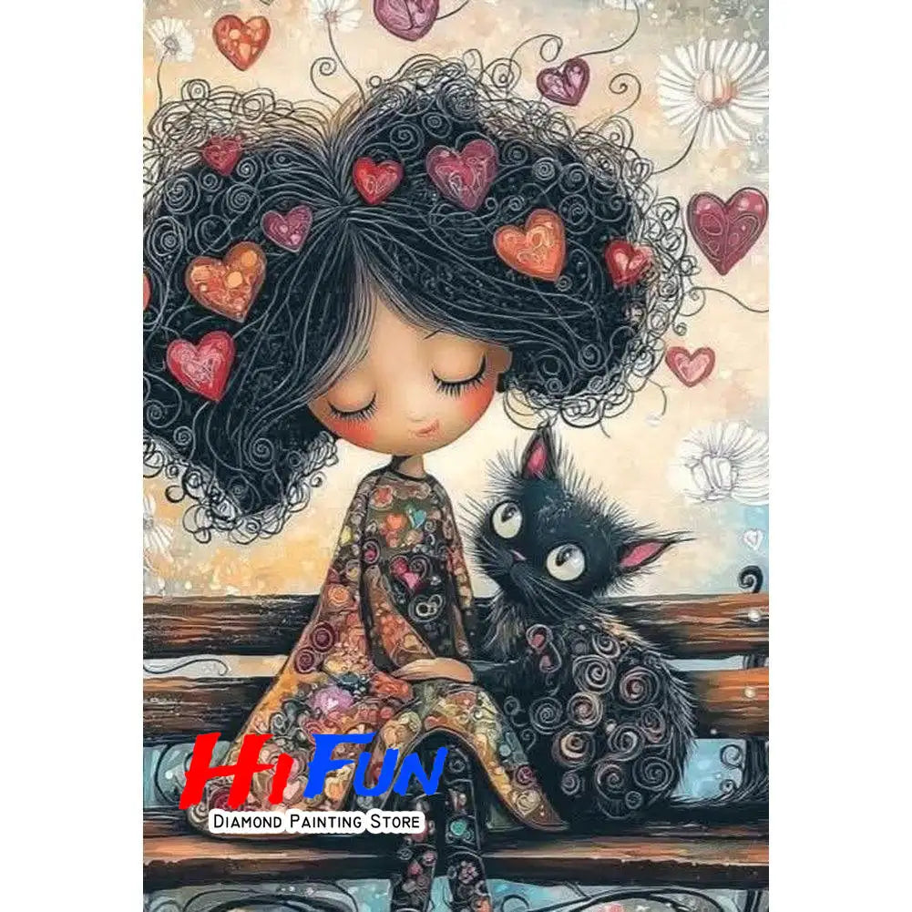 Diamond Painting Full Diamond Dot Art Beautiful Moments Adorable Girl and Whimsical Cat Embroidery Mosaic Painting Pop Art Set