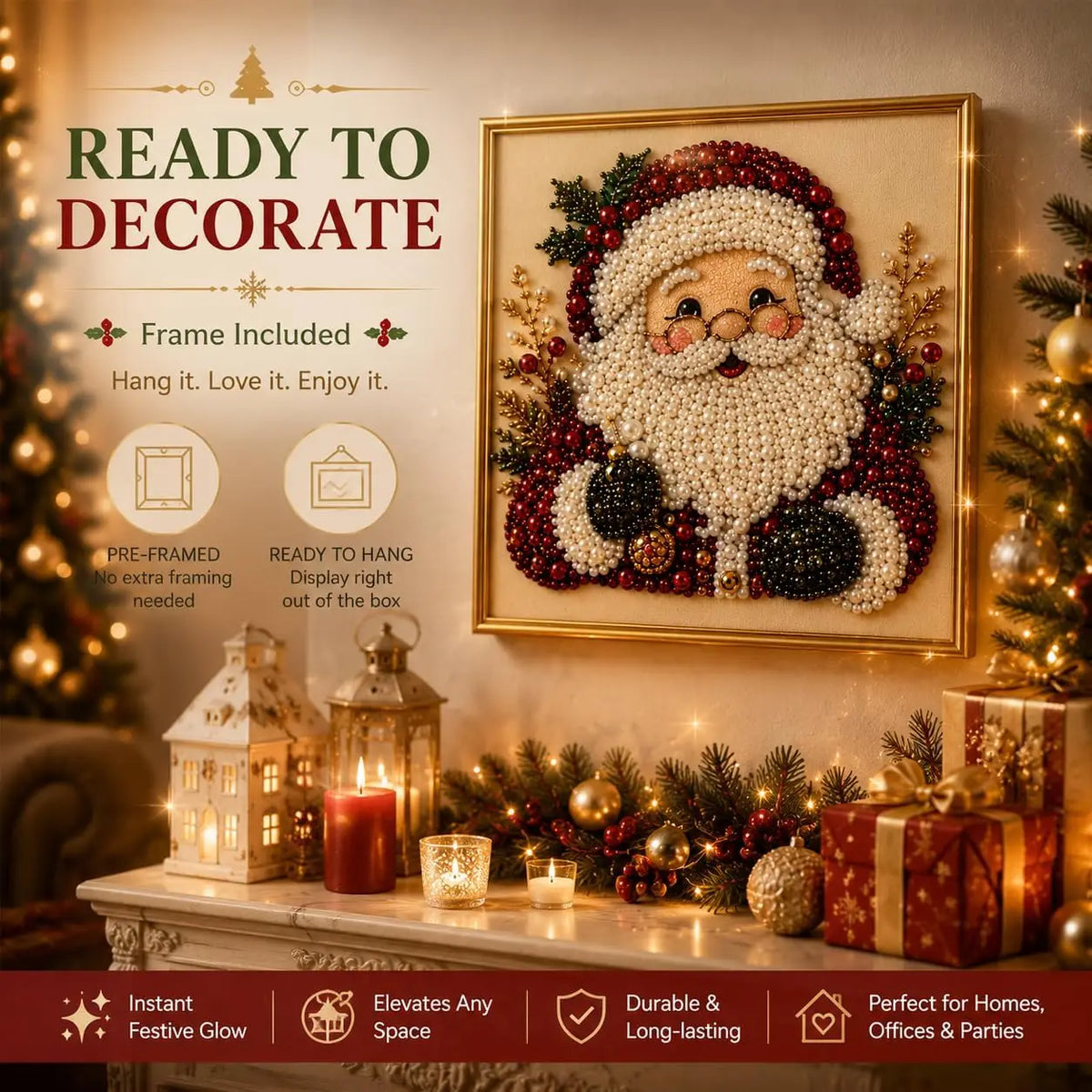 DIY Christmas Pearl Diamond Painting Art Kit with Frame Pearl Beads Art Craft for Adults Beginner Holiday Christmas Wall Decor