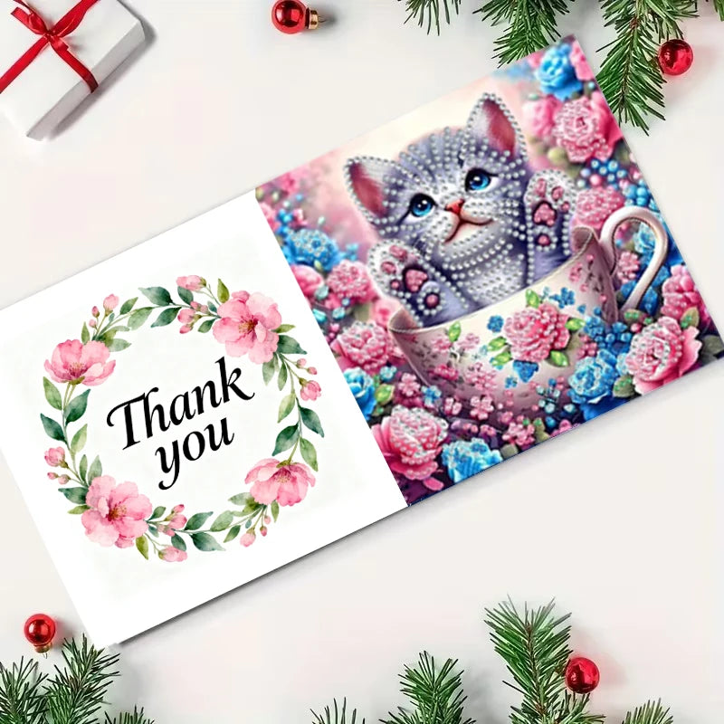 6-Piece/Set DIY Diamond Painting Kit Birthday Card Kit, Unique Animal and Cat Pattern Design, Rhinestone Diamond Painting Art Mo