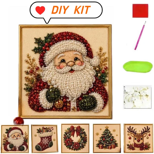 Christmas Pearl Diamond Painting DIY kit featuring a framed Santa design with red and white pearl beads and festive motifs