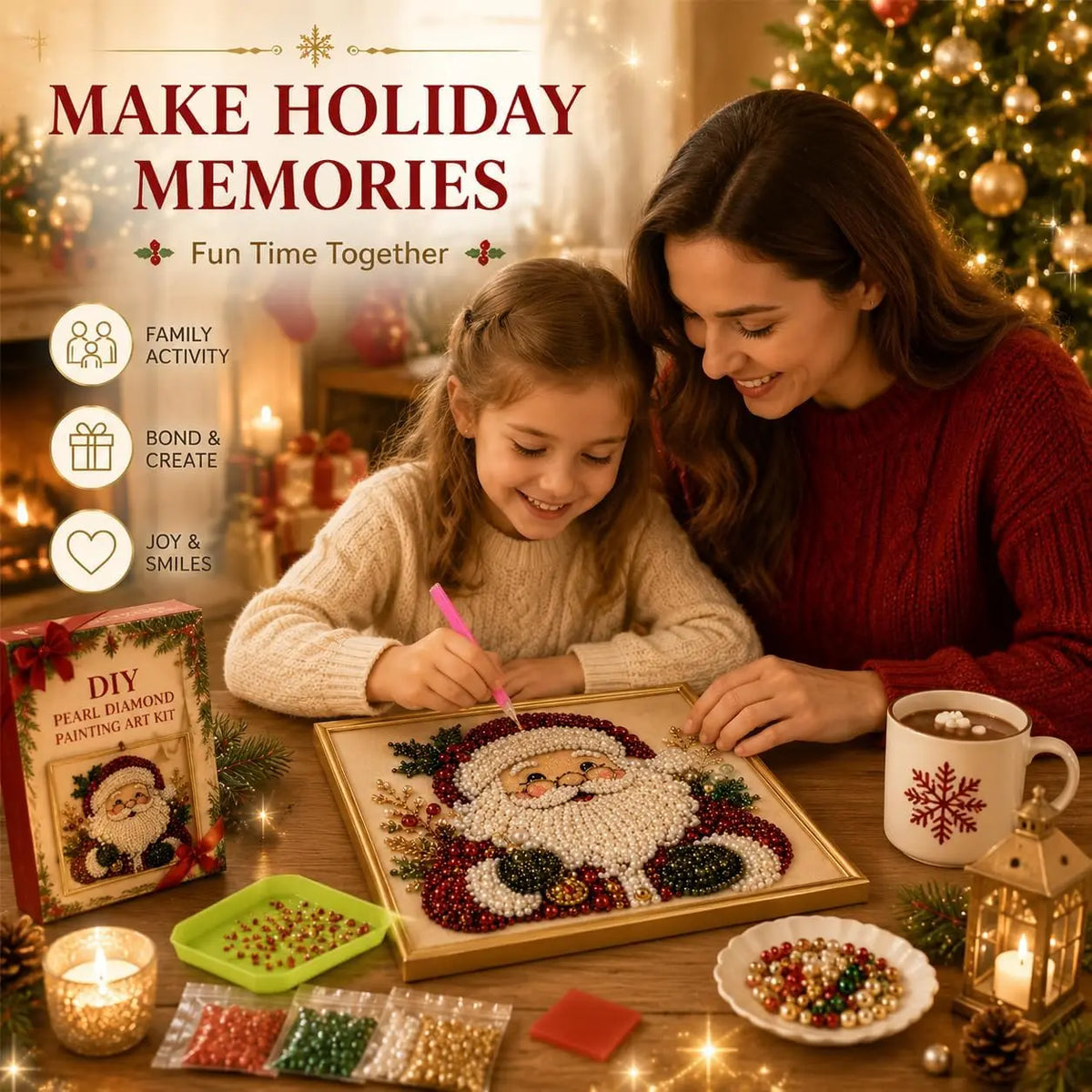 DIY Christmas Pearl Diamond Painting Art Kit with Frame Pearl Beads Art Craft for Adults Beginner Holiday Christmas Wall Decor