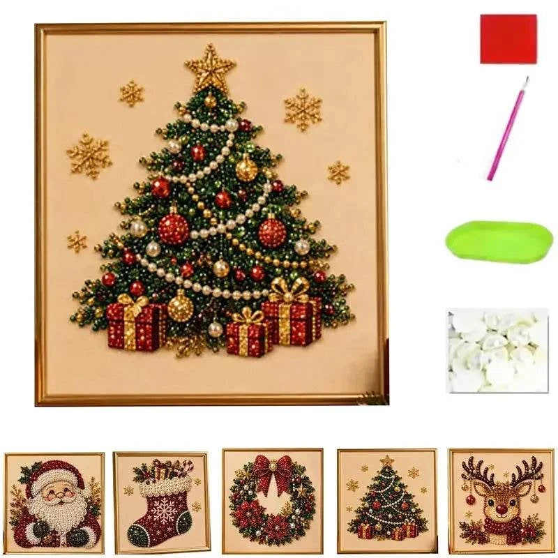 Christmas Pearl Diamond Painting Art Kit With Frame DIY Pearl Beads Art Craft Kit Gemstone Diamond Dots Beads For Home Decor