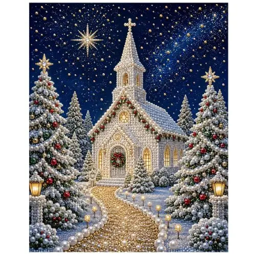 DIY Christmas Pearl Diamond Painting Kit, 5D Pearl Art Craft for Adults and Beginners, Christmas Church and Jesus Wall Decor, Ho