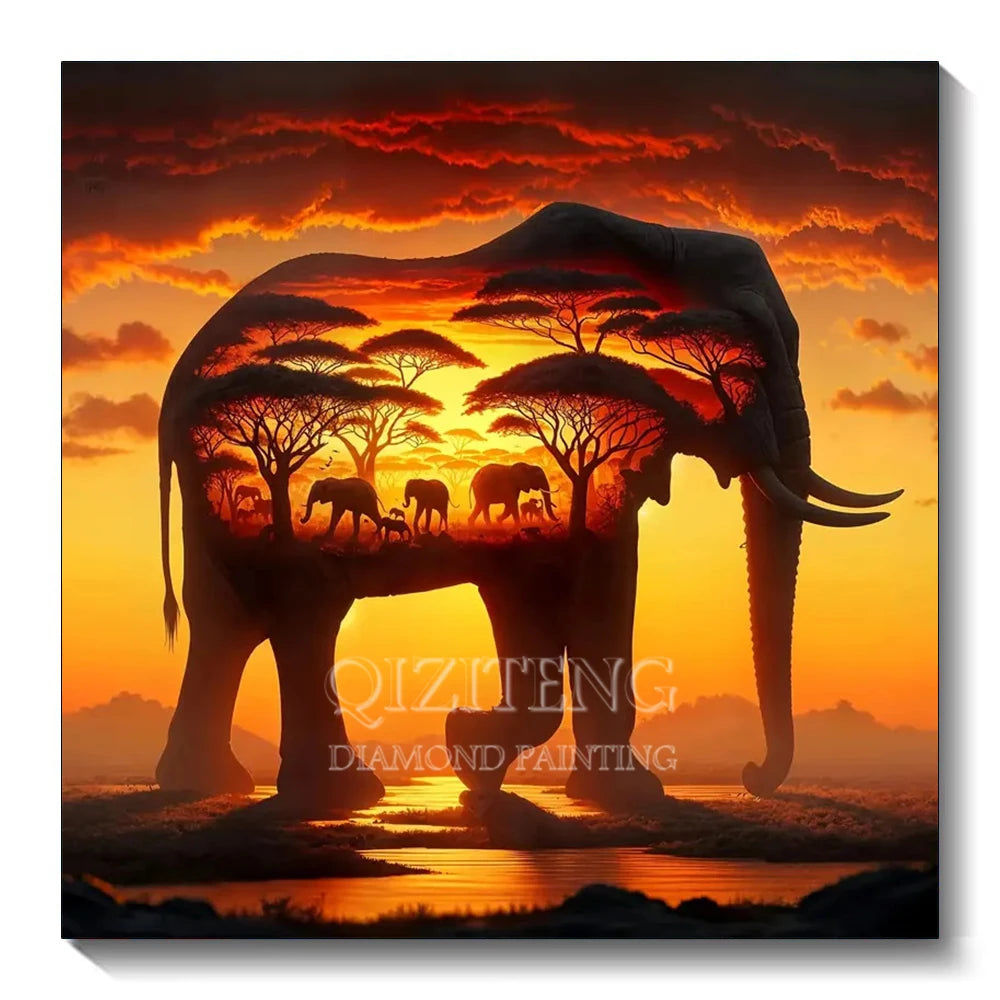 Diamond Painting Sunset Elephant Handmade 5D Diy Full Kits Diamond Mosaic Reflection Art Kit Handmade Home Decor New Arrivals
