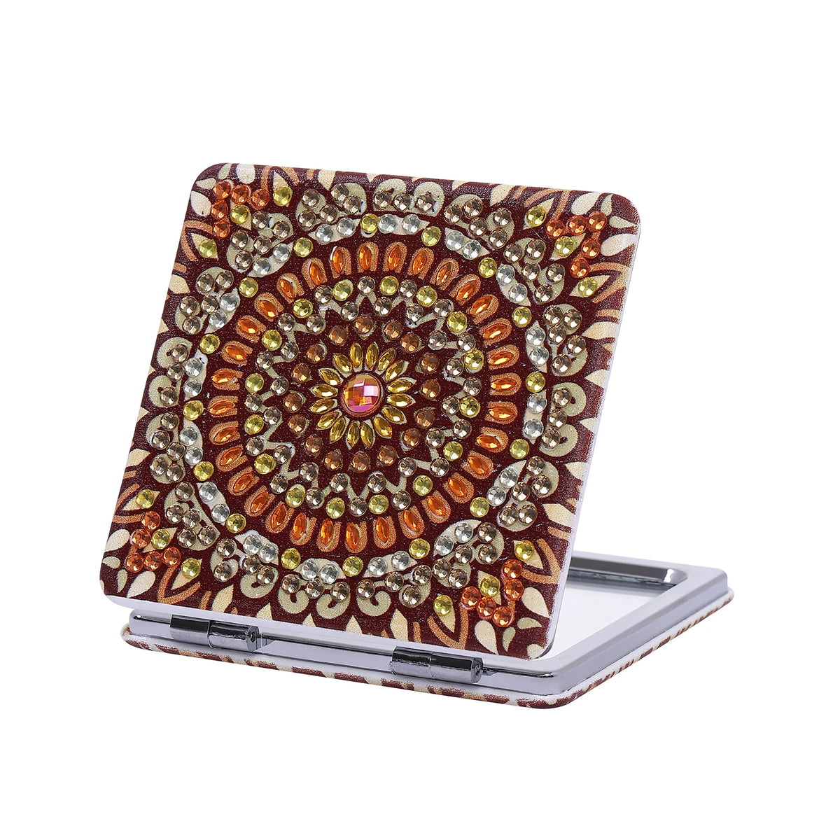 1 Piece DIY Diamond Painting Kit, Small Mirror, Mandala Pattern, PU Leather Material, Portable and Compact, for Makeup Use