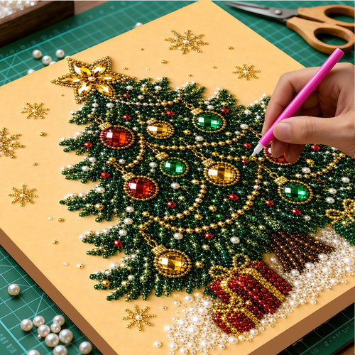 Christmas Pearl Diamond Painting kit with green beaded Christmas tree, colourful gems, gold stars and dotting pen
