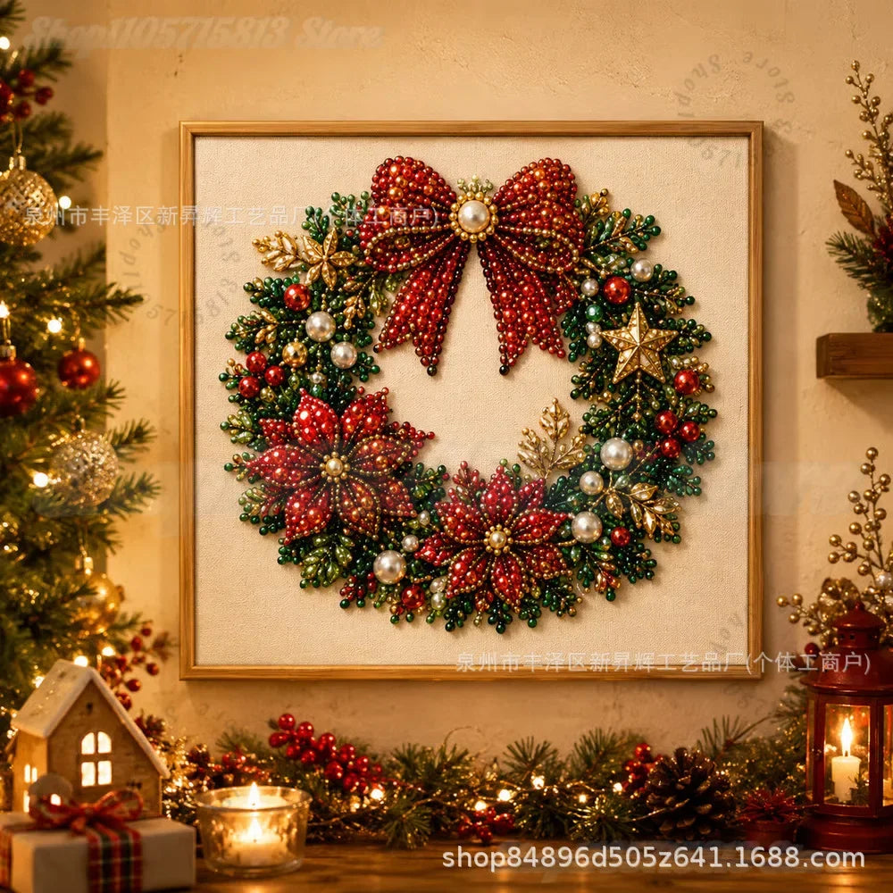 Christmas Pearl Diamond Painting Art Kit with Frame,DIY Pearl Beads Art Craft Kit,Gemstone Diamond Dots Beads for Home Decor
