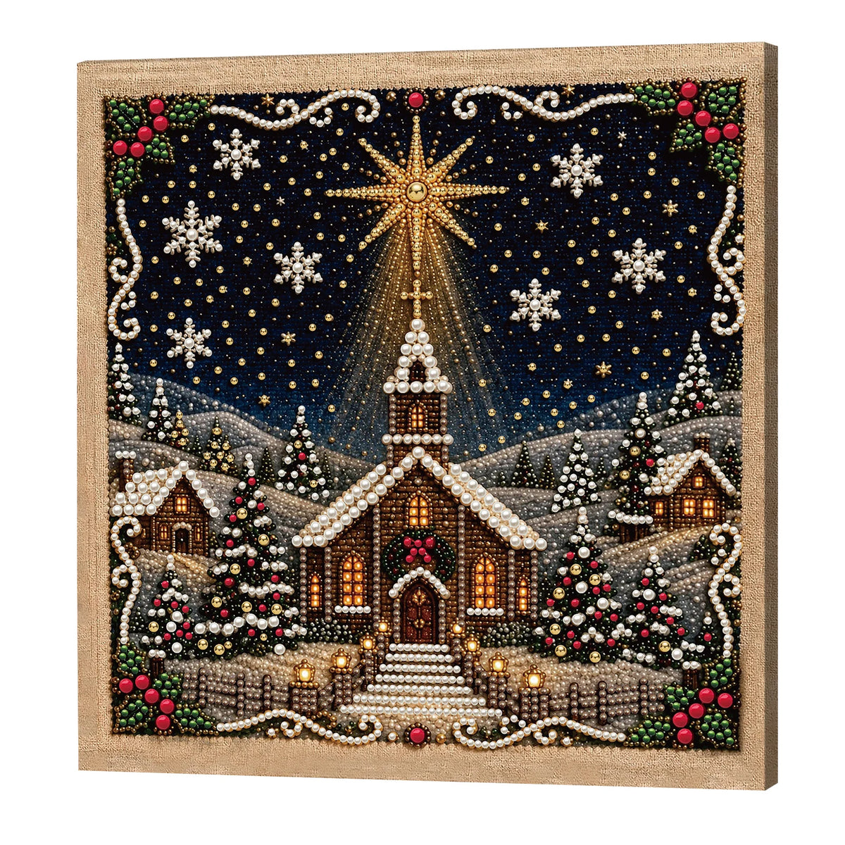 Christmas Pearl Diamond Painting Kit with Wooden Frame, Full Drill DIY Pearl Gem Art Craft Set, Home Decor Handmade Gift 20x20cm