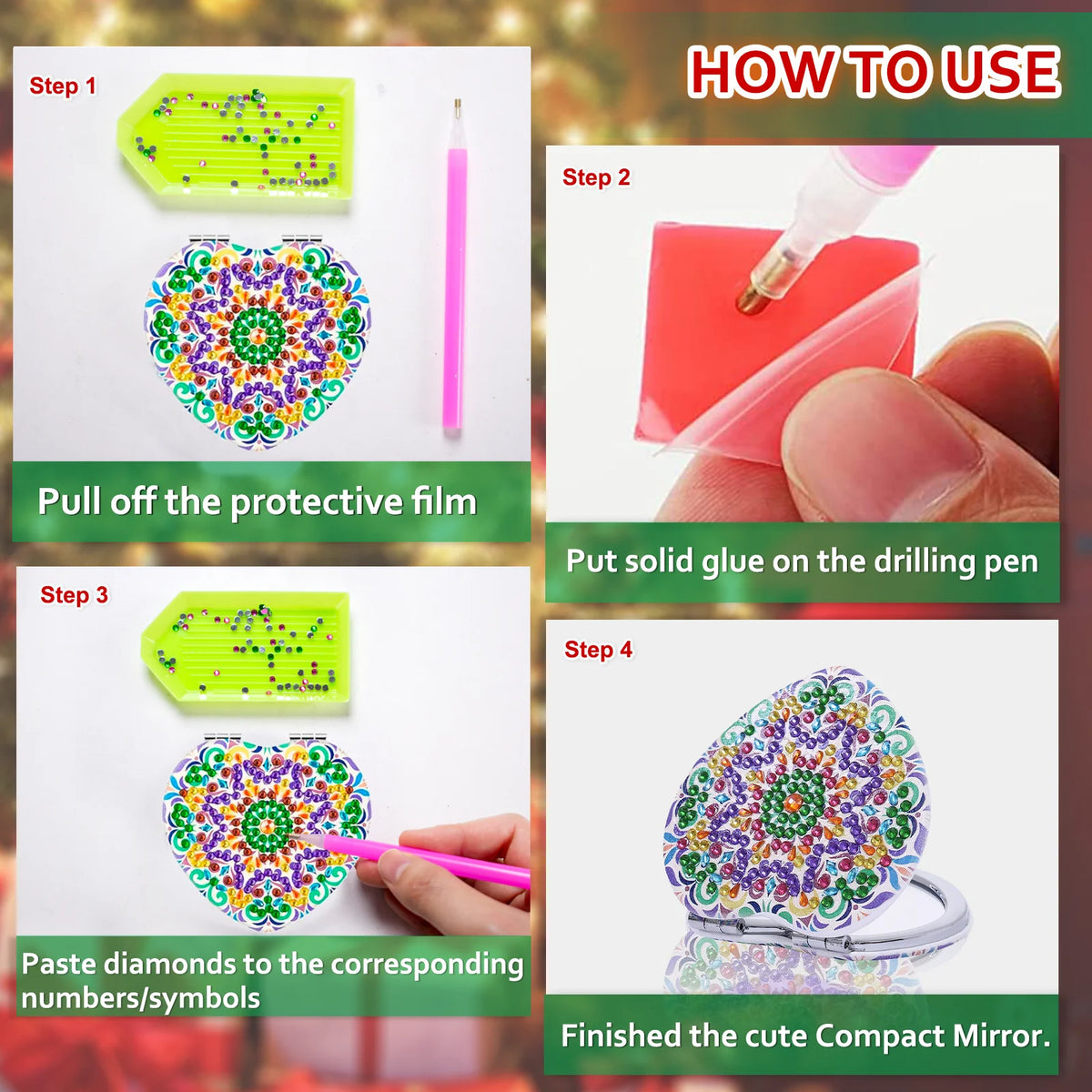 1 Piece DIY Diamond Painting Kit, Small Mirror, Mandala Pattern, PU Leather Material, Portable and Compact, for Makeup Use