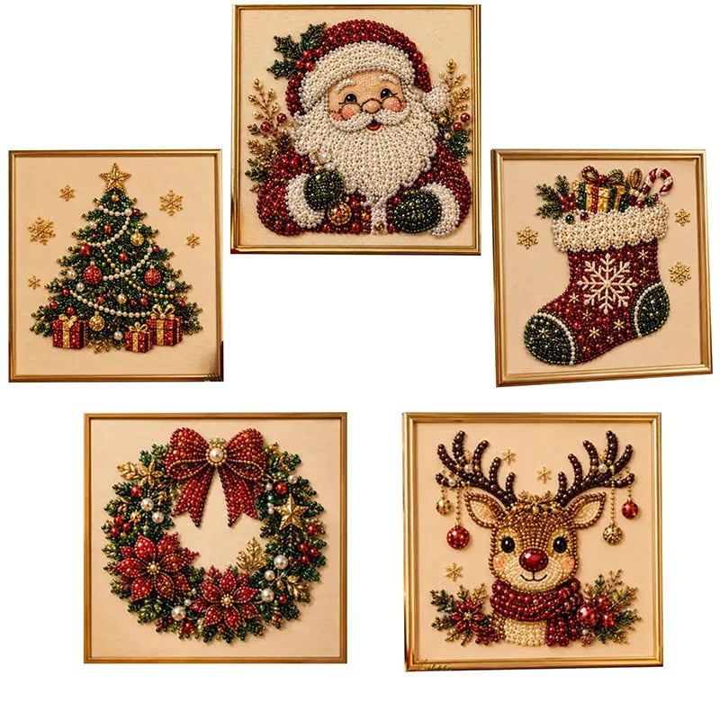 Christmas Pearl Diamond Painting Art Kit With Frame DIY Pearl Beads Art Craft Kit Gemstone Diamond Dots Beads For Home Decor