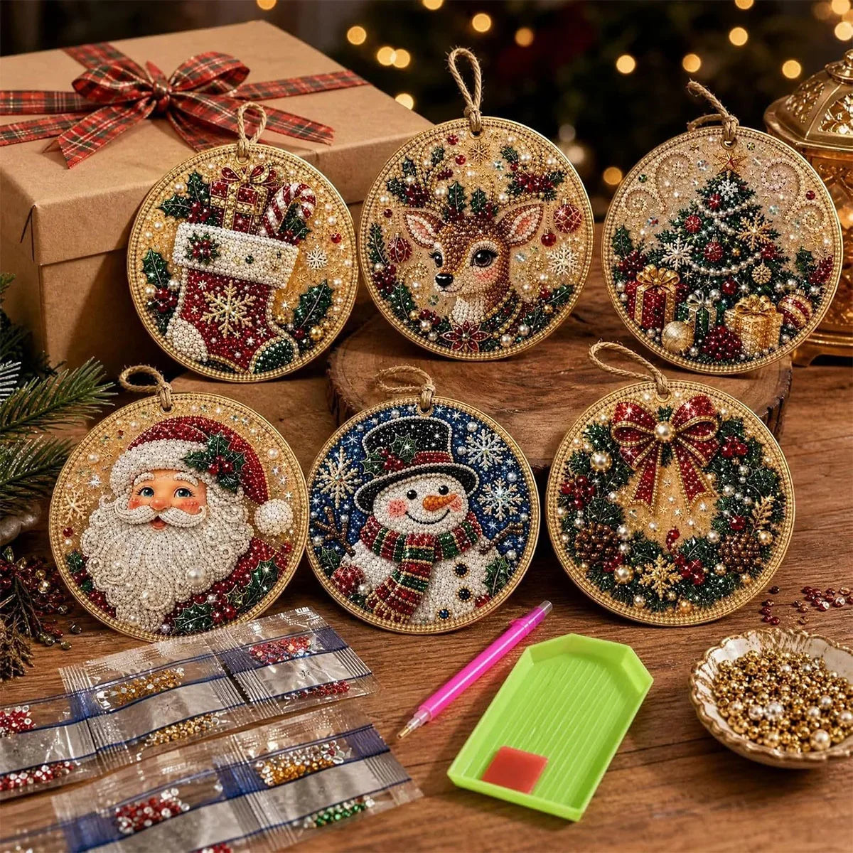 6-piece Christmas Pearl Diamond Painting DIY Kit Diamond Art Hanging Pendant Christmas Tree Decoration Handmade Crafts Gift