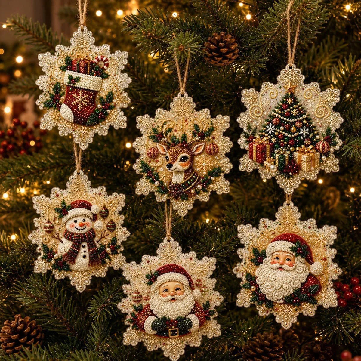 6-piece Christmas Pearl Diamond Painting DIY Kit Diamond Art Hanging Pendant Christmas Tree Decoration Handmade Crafts Gift