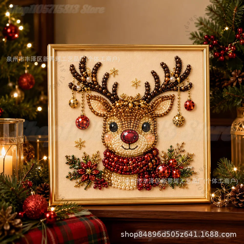 Christmas Pearl Diamond Painting Art Kit with Frame,DIY Pearl Beads Art Craft Kit,Gemstone Diamond Dots Beads for Home Decor