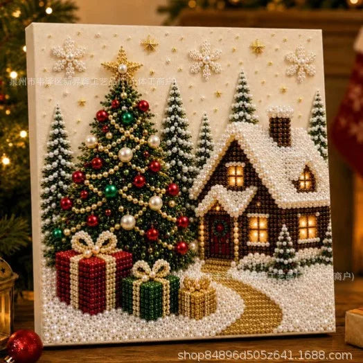 Christmas Pearl Diamond Painting Art Kit with Frame,DIY Pearl Beads Art Craft Kit,Gemstone Diamond Dots Beads for Home Decor