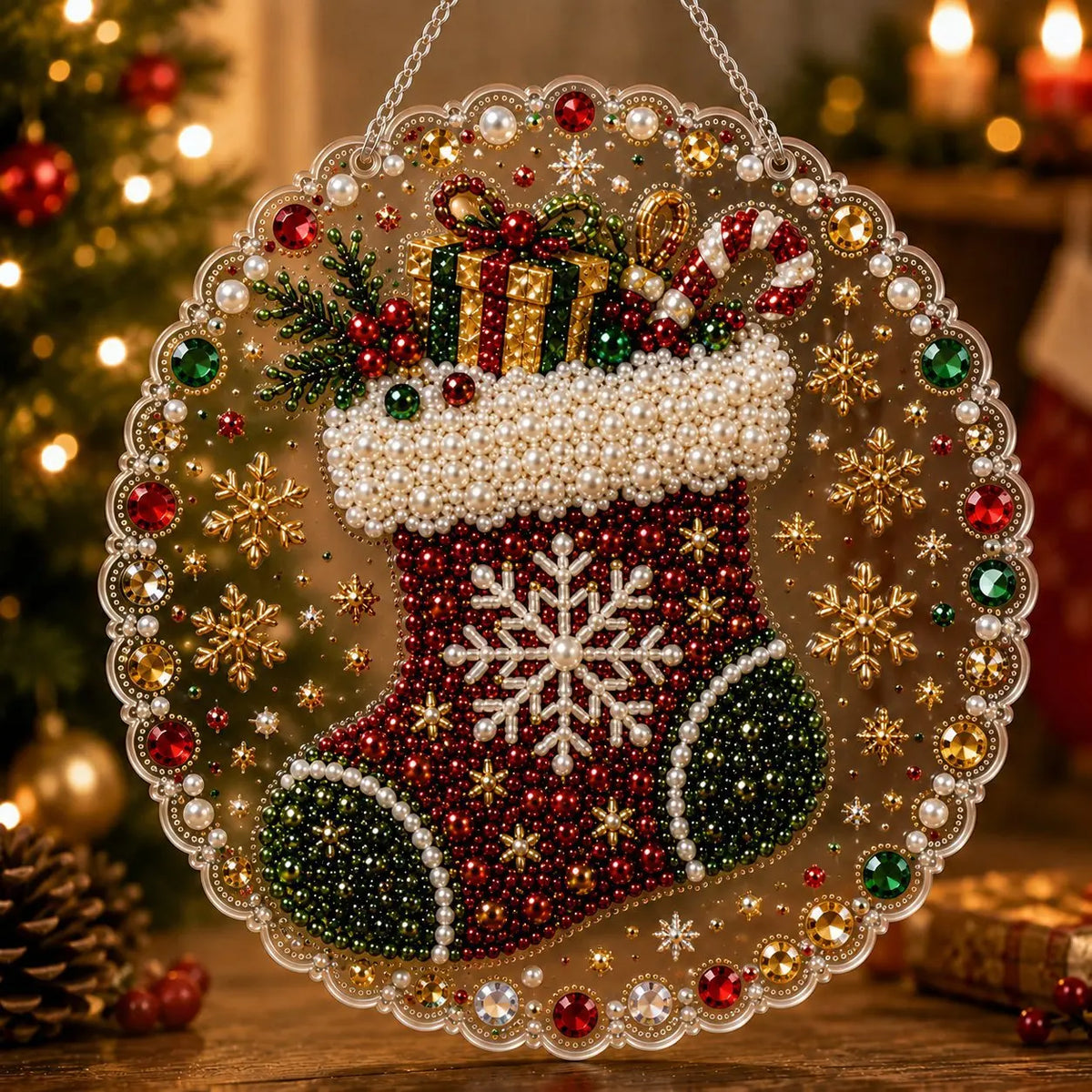 Pearl Diamond Painting Suncatcher Kit Diy Craft Acrylic Round Board With Lace Edge Pearl Beads Craft Christmas Diamond Painting