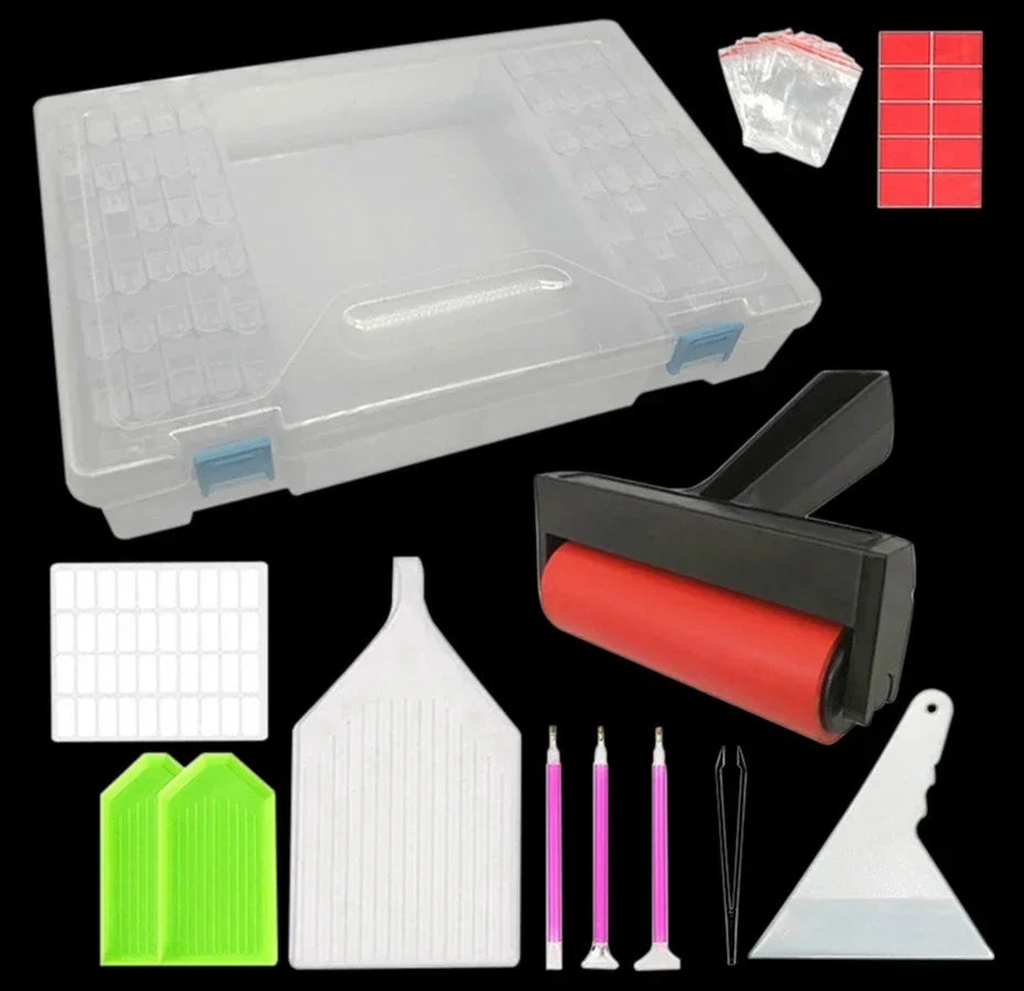 Diamond Painting Tools Sets with 64/56/42/28 Cells Plastic Storage Box Funnel Stickers etc Kit for Diamond Painting Embroidery