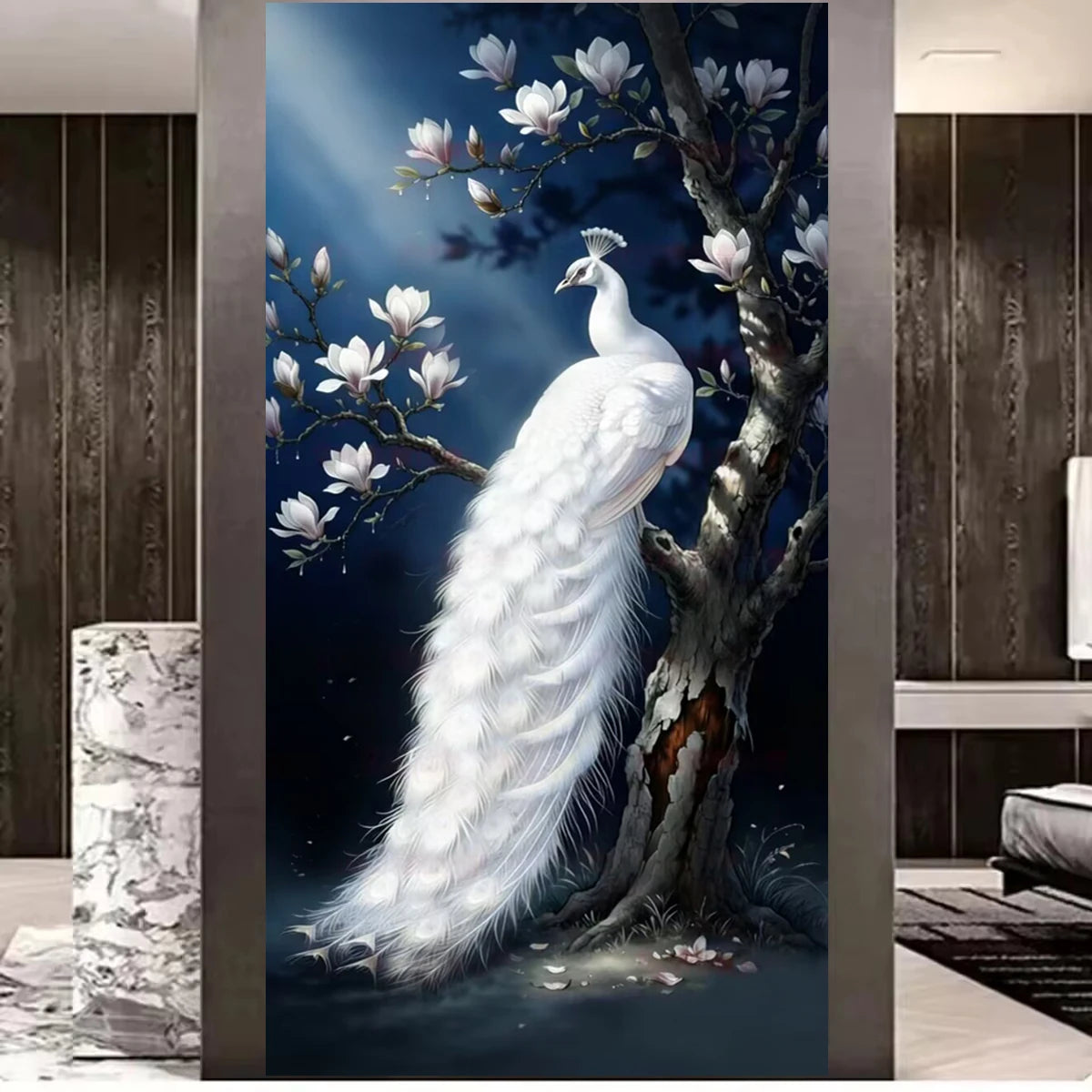5D Diamond Painting Kit for Adults, White Peacock with Magnolia Full Drill Diamond Art, DIY Mosaic Cross Stitch, Home Decor Gift