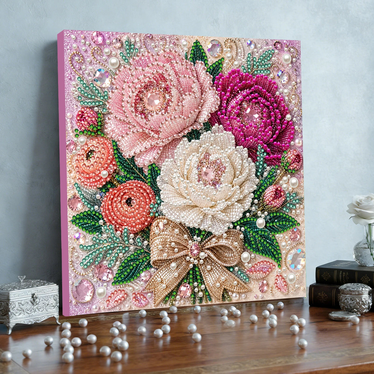 DIY Pearl Diamond Painting Kit Flowers Pearl Art Kits for Adults 7.87x7.87" Rhinestones Beads Diamond Art Kit with Framed Canvas