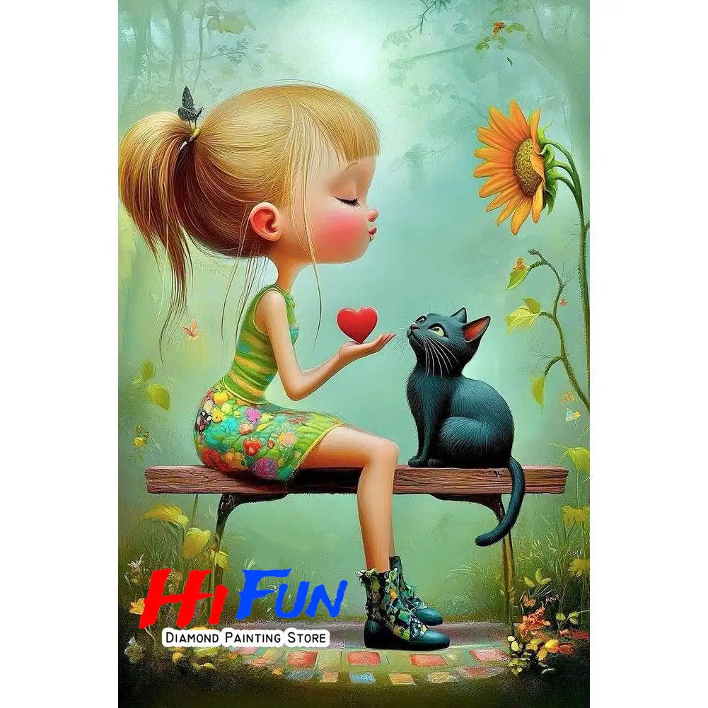 Diamond Painting Full Diamond Dot Art Beautiful Moments Adorable Girl and Whimsical Cat Embroidery Mosaic Painting Pop Art Set
