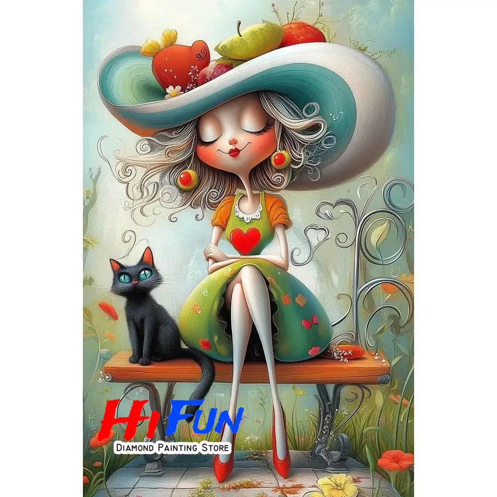 Diamond Painting Full Diamond Dot Art Beautiful Moments Adorable Girl and Whimsical Cat Embroidery Mosaic Painting Pop Art Set