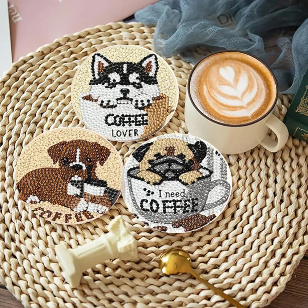 8 Pieces/Set of Diamond Painting Coasters, Featuring a Small Dog Pattern, with a Base, DIY Art Handmade Craft Kit