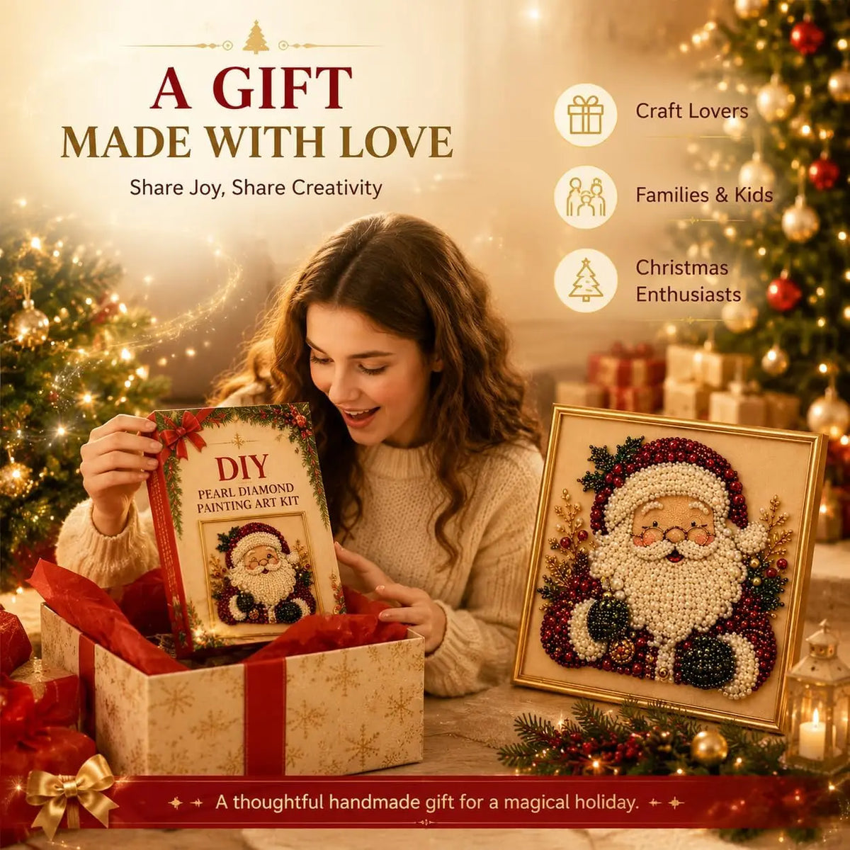 DIY Christmas Pearl Diamond Painting Art Kit with Frame Pearl Beads Art Craft for Adults Beginner Holiday Christmas Wall Decor