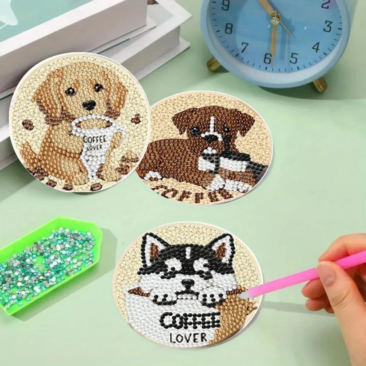 Transform Your Space with DIY Diamond Painting Coasters - 8 Piece Handmade Set Featuring Adorable Dog Designs
