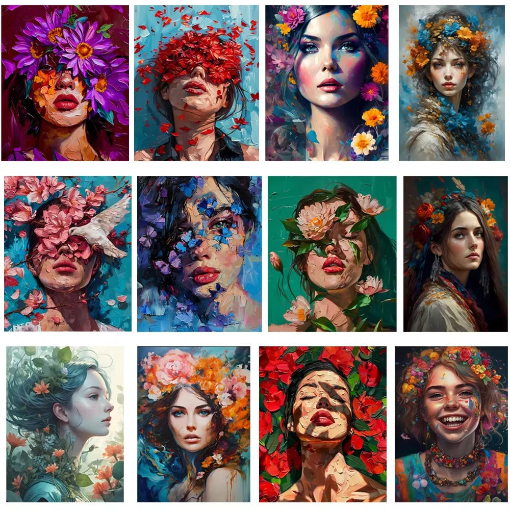 Diamond Painting Kit  Flower Art Girl 5D DIY Full Drill Diamond Art Floral Female Portrait Canvas for Bedroom or Living Decor