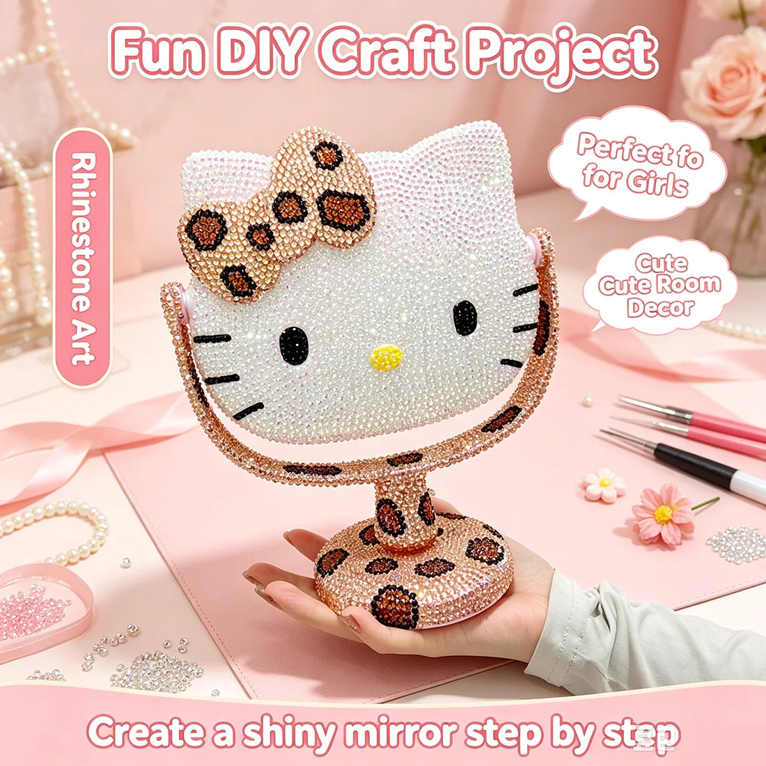 DIY Diamond Painting Kit Featuring My Melody Hello Kitty Kuromi - Cartoon Characters with Built-in Makeup Mirror for Home Decor