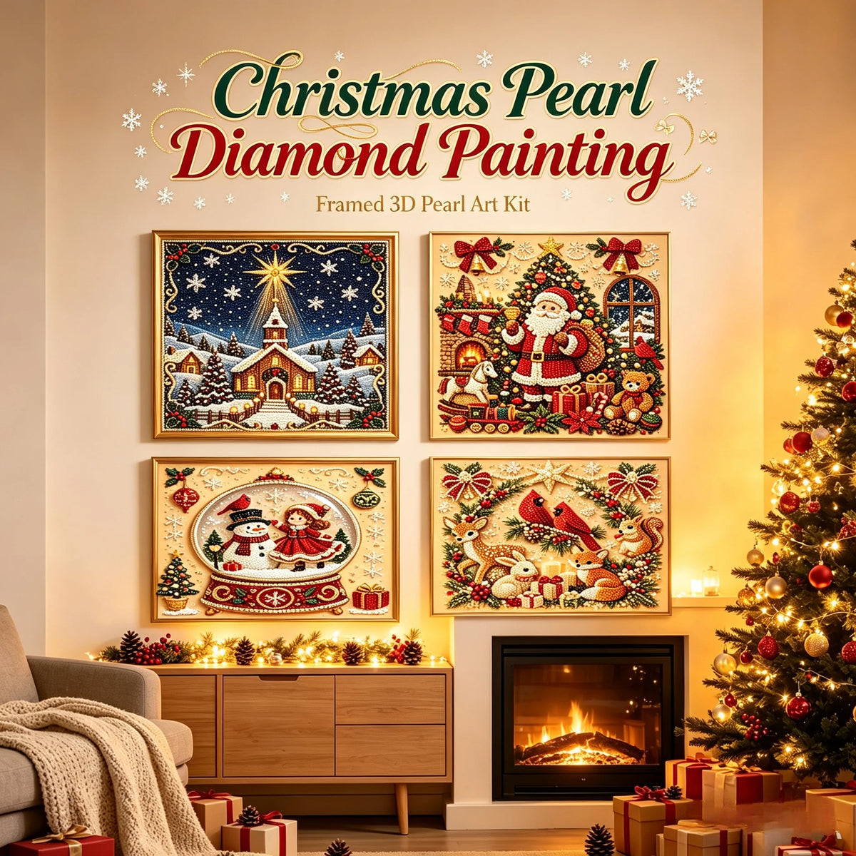 Framed Christmas Pearl Diamond Painting Kit DIY 3D Pearl Art Kits Home Wall Decor Holiday Gift Relaxing Handmade Diamond Art Set