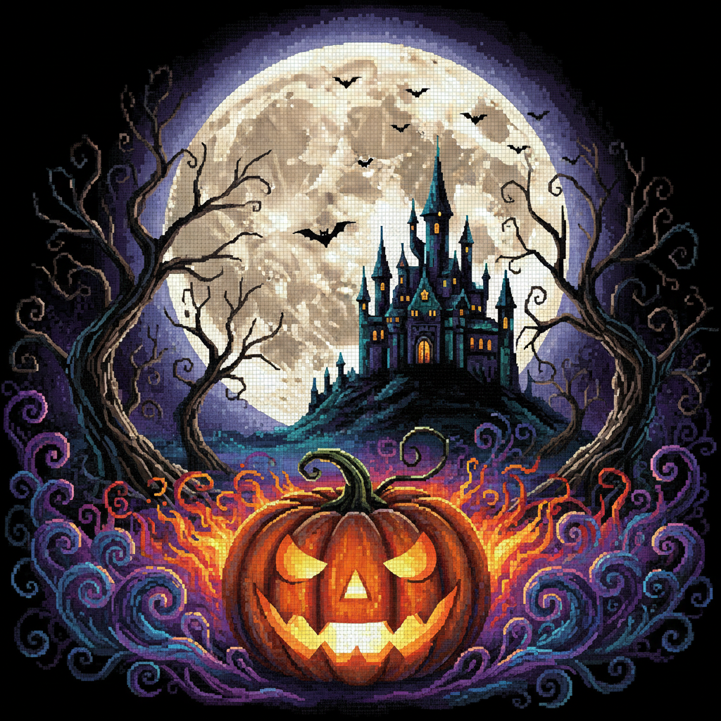 Haunted Castle pumpkin Night - Diamond painting art